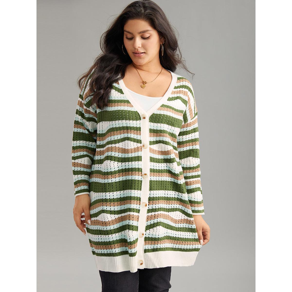 Plus Size Striped Contrast Button Up Hollow Out Cardigan Multicolor Women Casual Loose Long Sleeve Dailywear Cardigans BloomChic 22-24/3X Product Image