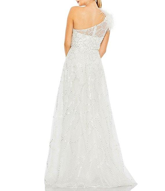 Mac Duggal Embellished Asymmetrical Neck Sleeveless Feather Shoulder A-Line Gown Product Image