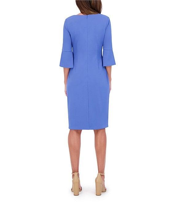 Kensie Stretch Boat Neck Mid Length Bell Sleeve Twist Waist Faux Wrap Skirt Sheath Dress Product Image