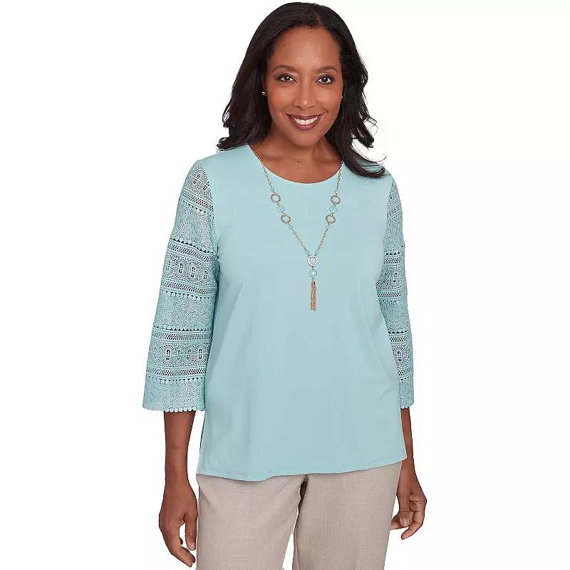 Women's Alfred Dunner Solid Lace Sleeve Knit Top with Necklace,  Product Image