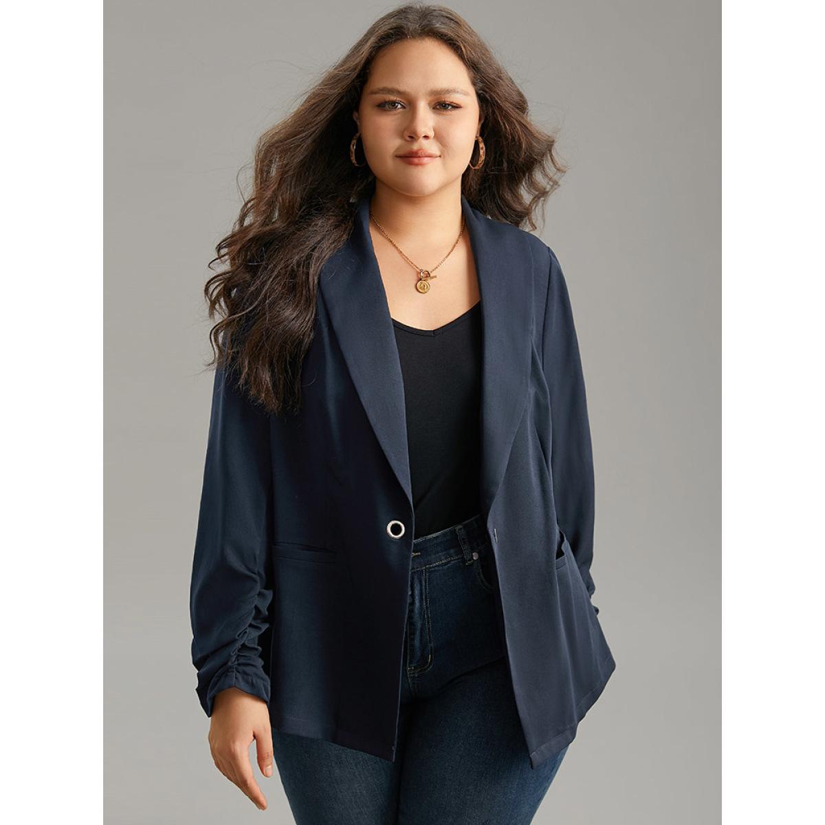 Plus Size Plain Lapel Collar Button Fly Patched Pocket Blazer Midnight Women Dailywear Plain Plain Sleeve Long Sleeve Lapel Collar 28/5X Pocket Casual Blazers BloomChic Product Image