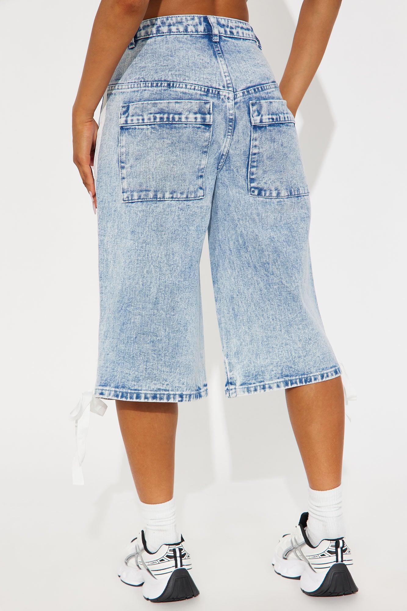 Kimi Non Stretch Stripe Denim Jorts - Medium Wash Product Image
