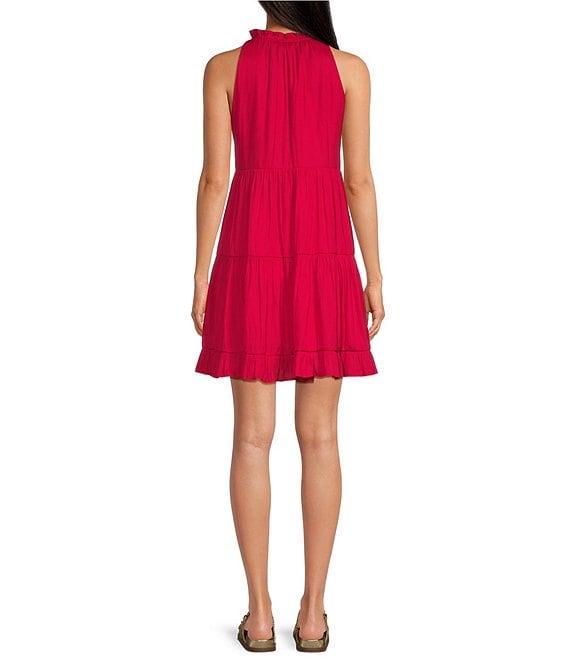 Skies Are Blue Split V-Neck Sleeveless Tiered Mini Dress Product Image