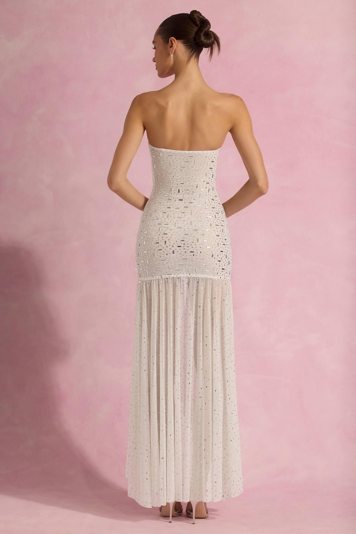 Semi-Sheer Embellished Asymmetric Maxi Dress in White Product Image