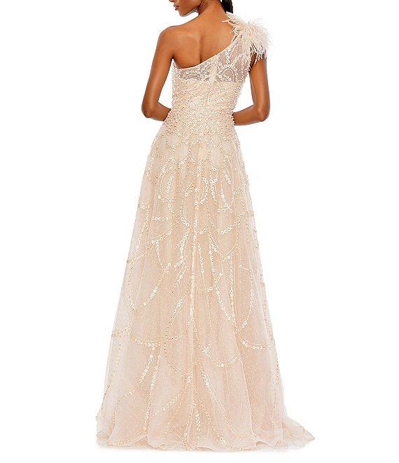 Mac Duggal Embellished Asymmetrical Neck Sleeveless Feather Shoulder A-Line Gown Product Image
