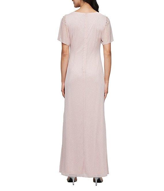 Ignite Evenings Short Sleeve Round Neck Front Slit Glitter Jersey Dress Product Image