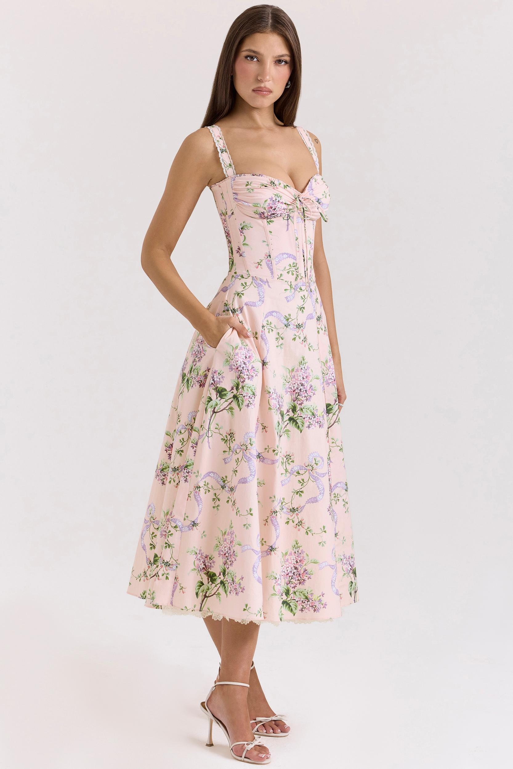Rosalee  pink floral corset midi dress Product Image
