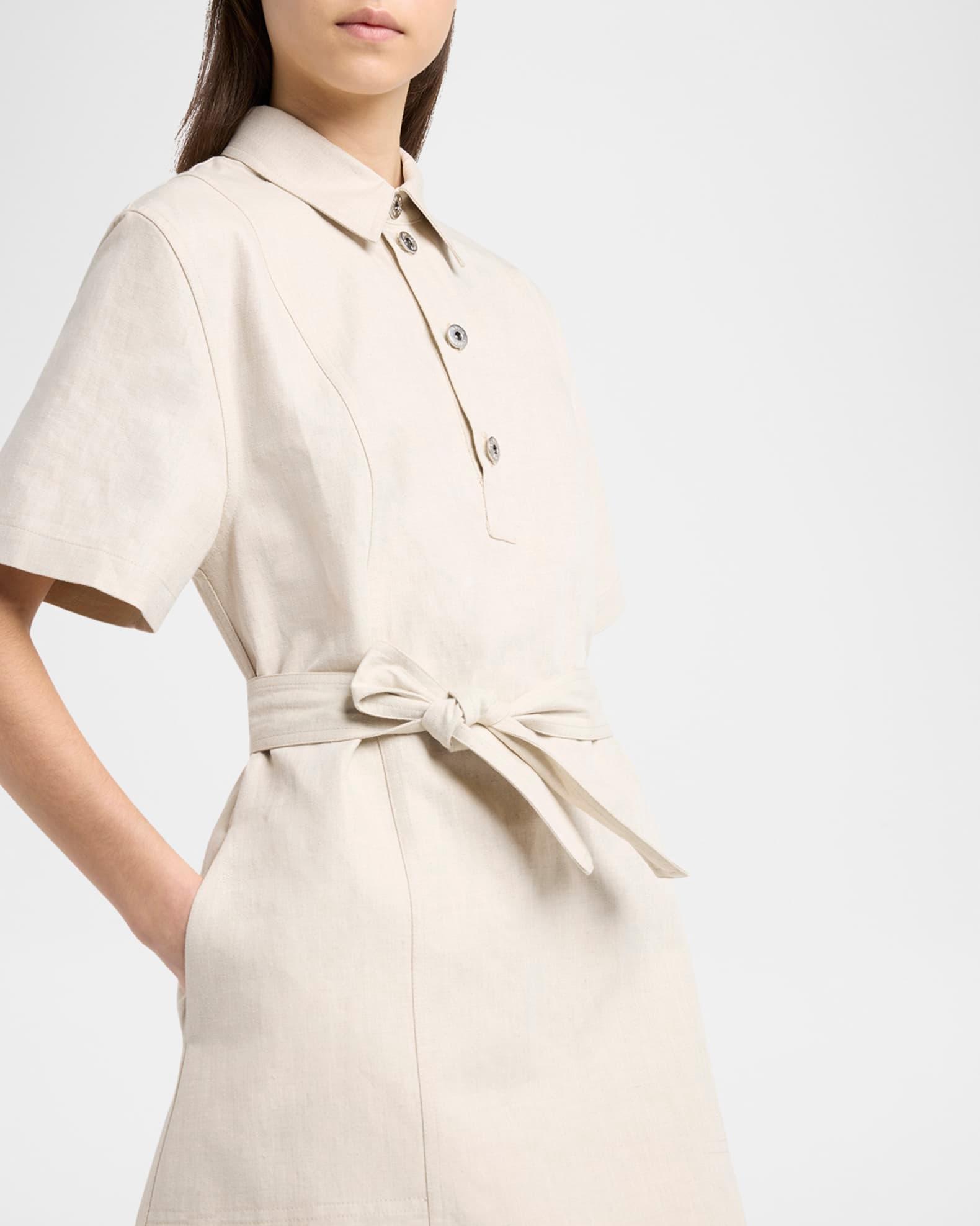 Short-Sleeve Belted Cotton-Linen Twill Mini Shirtdress Product Image