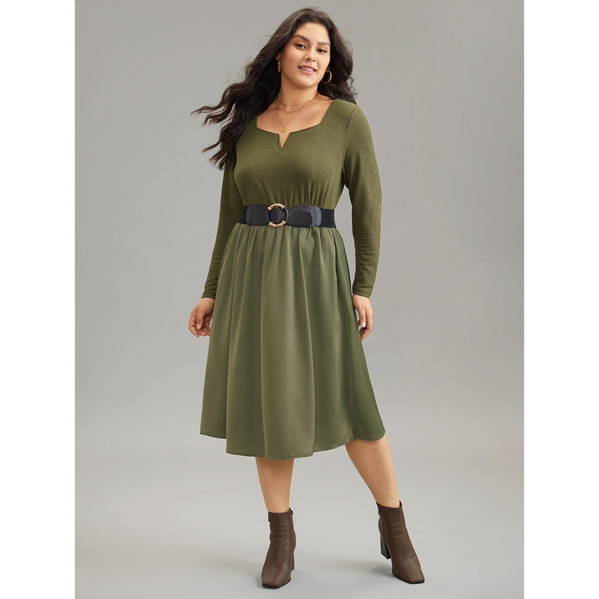 Plus Size Twill Patchwork Elastic Waist Gathered Dress Olive Women Casual Texture Notched collar Long Sleeve Curvy Midi Dress BloomChic 14-16/1X Product Image
