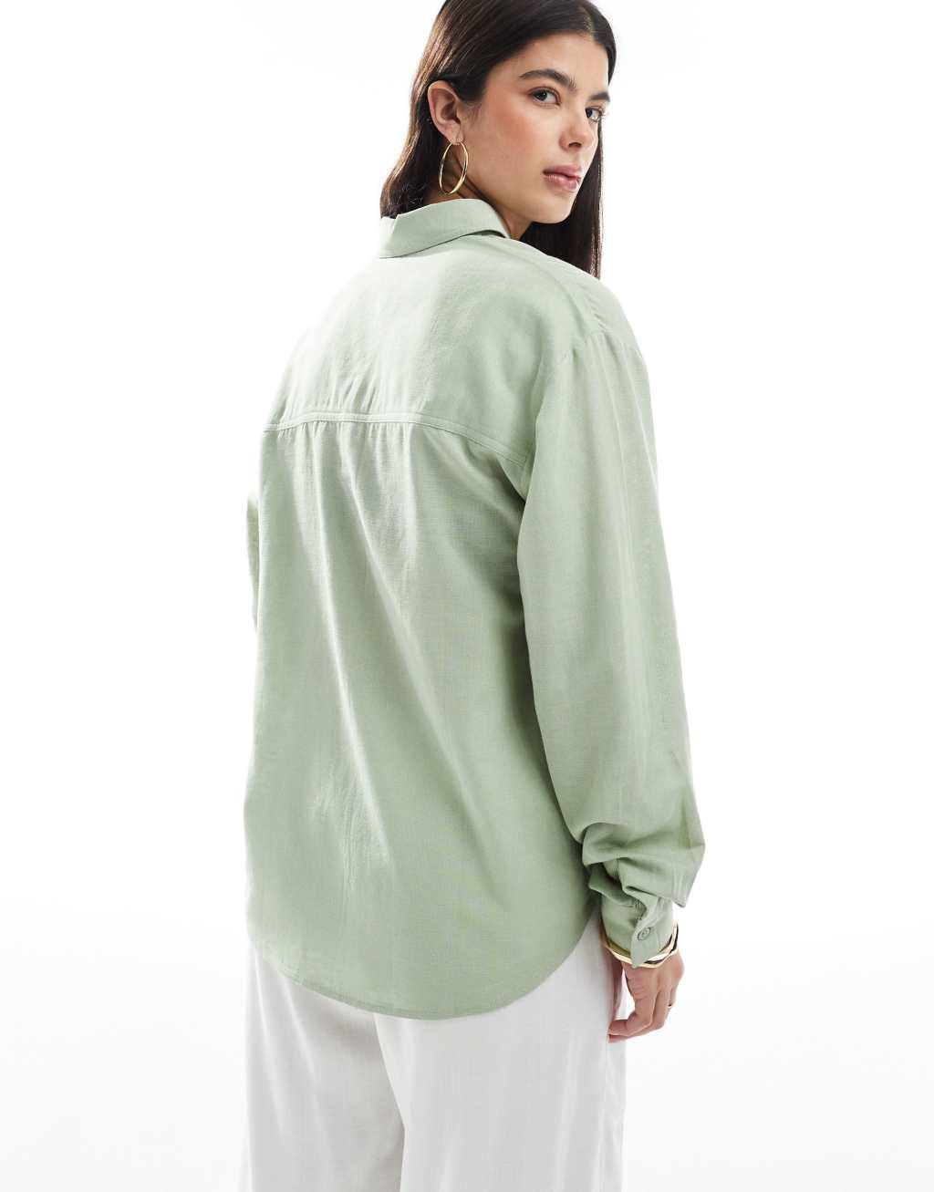 ASOS DESIGN linen blend shirt in khaki Product Image