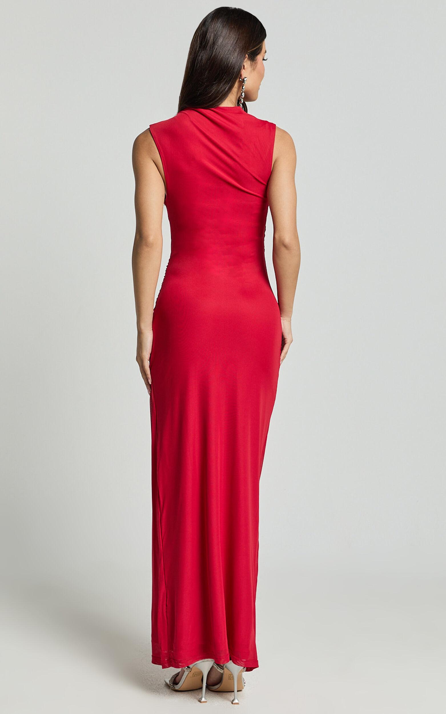 Lara Midi Dress - Asymmetrical Ruched Mesh Dress in Red Product Image