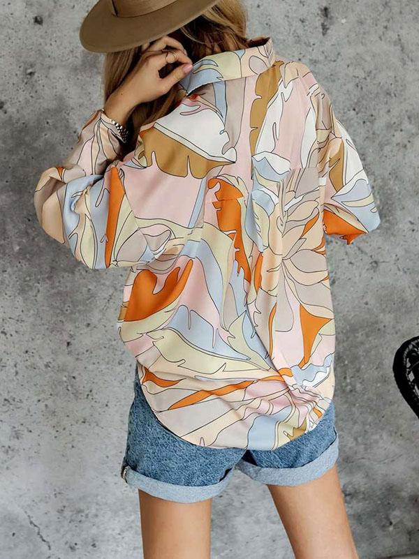 Long Sleeves Loose Contrast Color Printed Lapel Blouses Product Image
