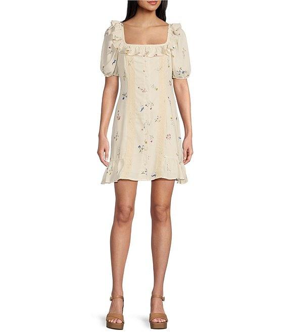 Sadie & Sage Floral Print Square Neck Short Sleeve Ruffled Crochet Lace Trim Mini Dress Product Image