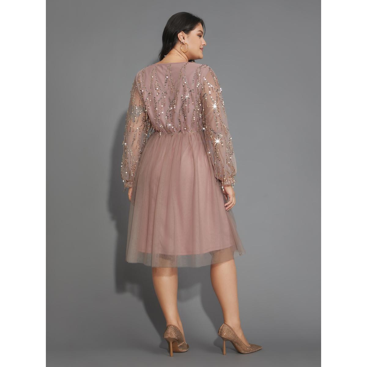 Plus Size Sequin Mesh Patchwork Tassel Dress DustyPink Women Cocktail Gathered Overlap Collar Long Sleeve Curvy Knee Dress BloomChic 26/4X Product Image