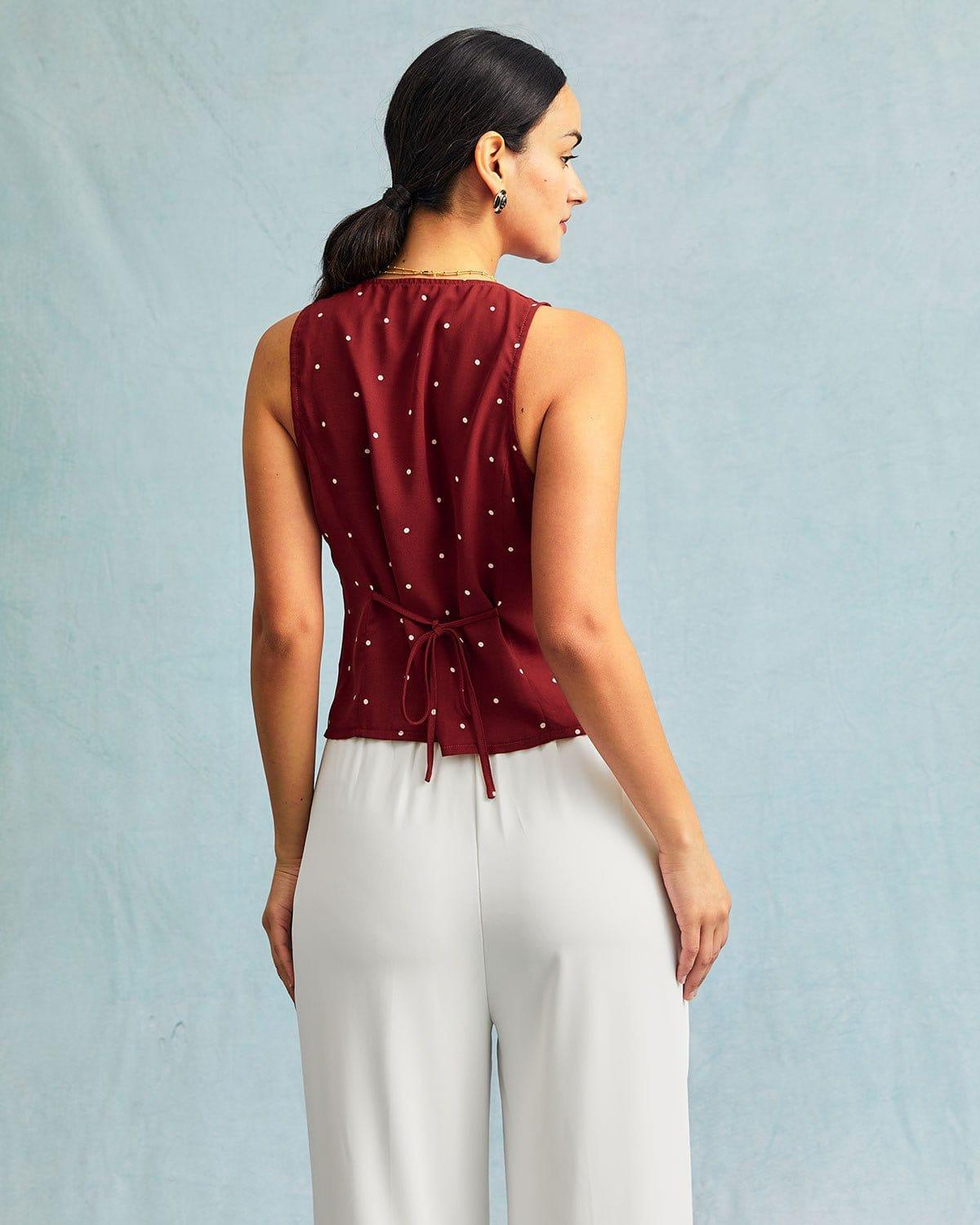 The Red V Neck Polka Dot Print Sleeveless Vest Product Image