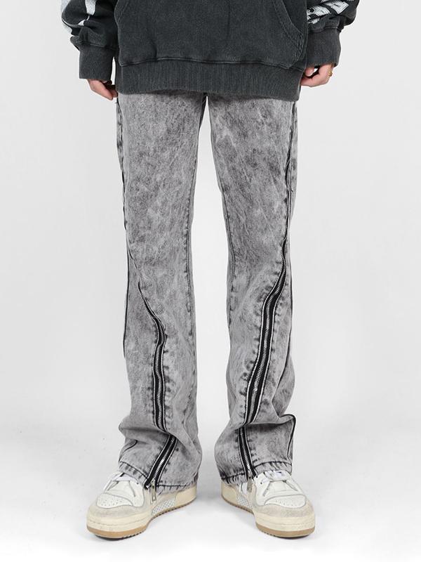 Men's Hip Pop Distressed Gray Wash Zip Up Loose Jeans Product Image