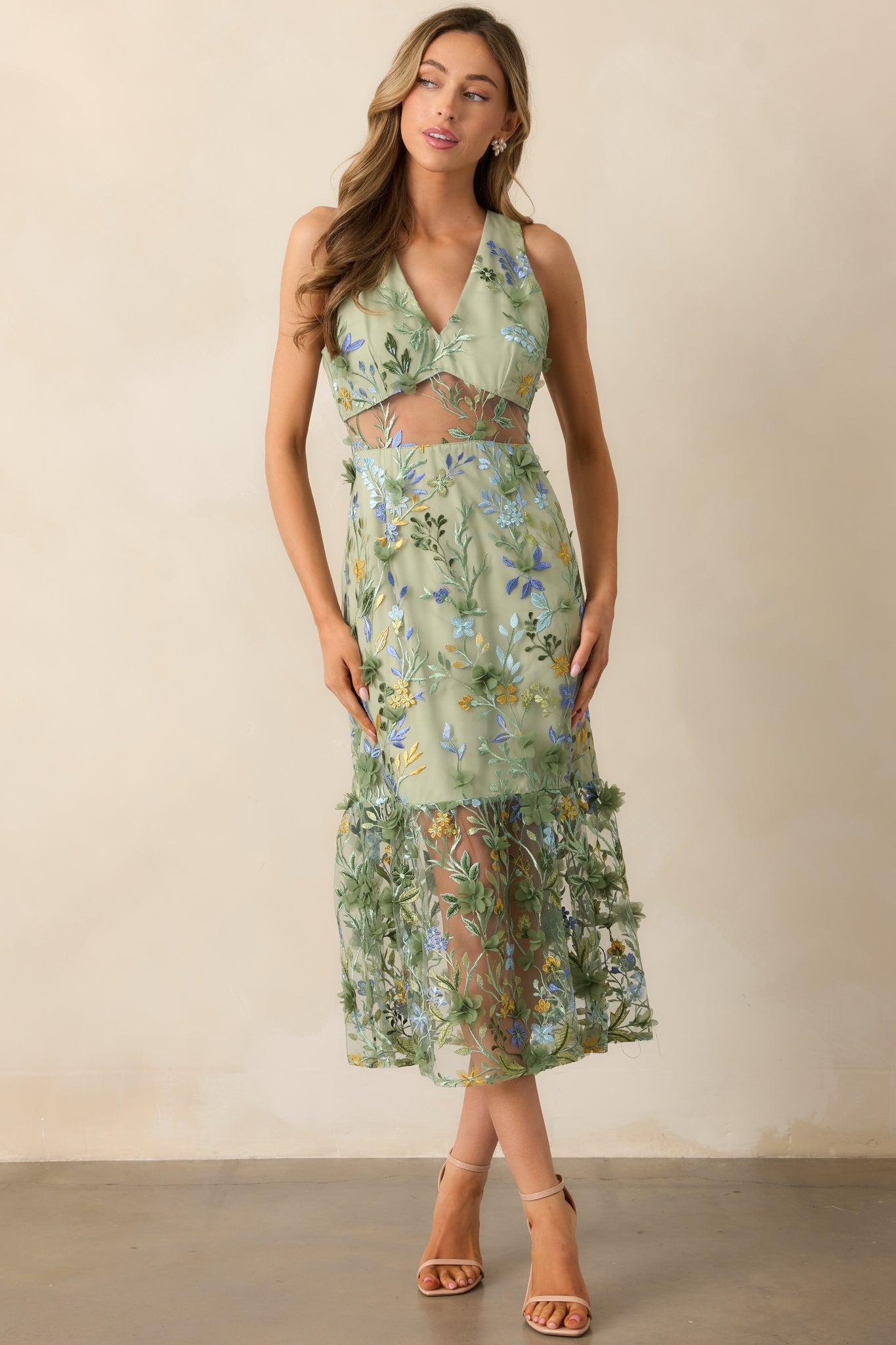Back In Bloom Green Floral Embroidered Midi Dress Product Image