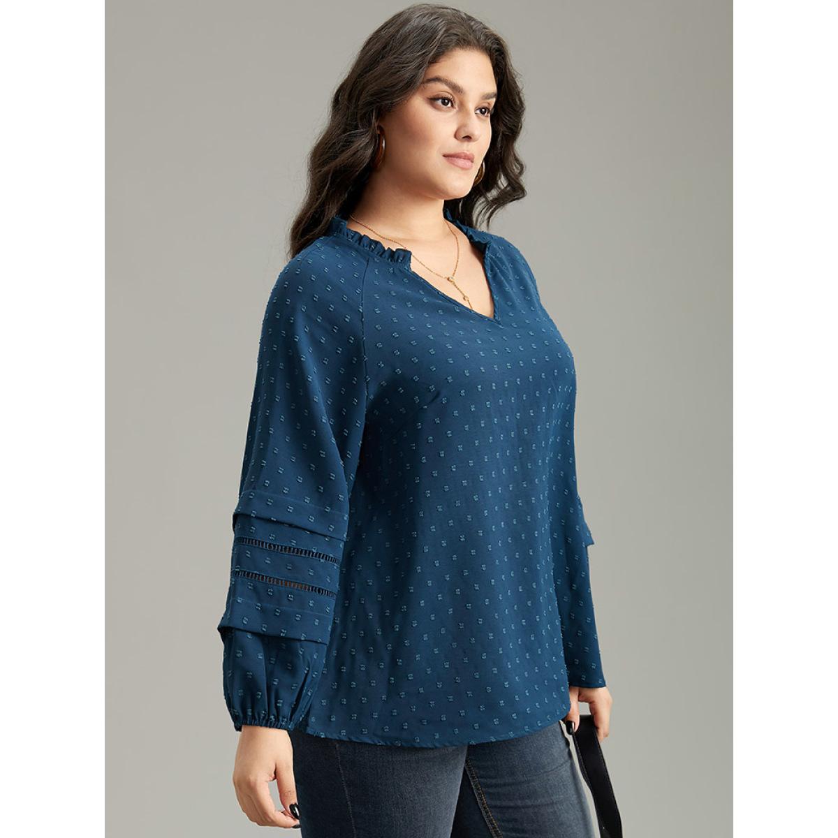 Plus Size Aegean Plain Textured Cut Out Frill Trim Lantern Sleeve Blouse Women Office Long Sleeve V-neck Office Blouses BloomChic 10/M Product Image