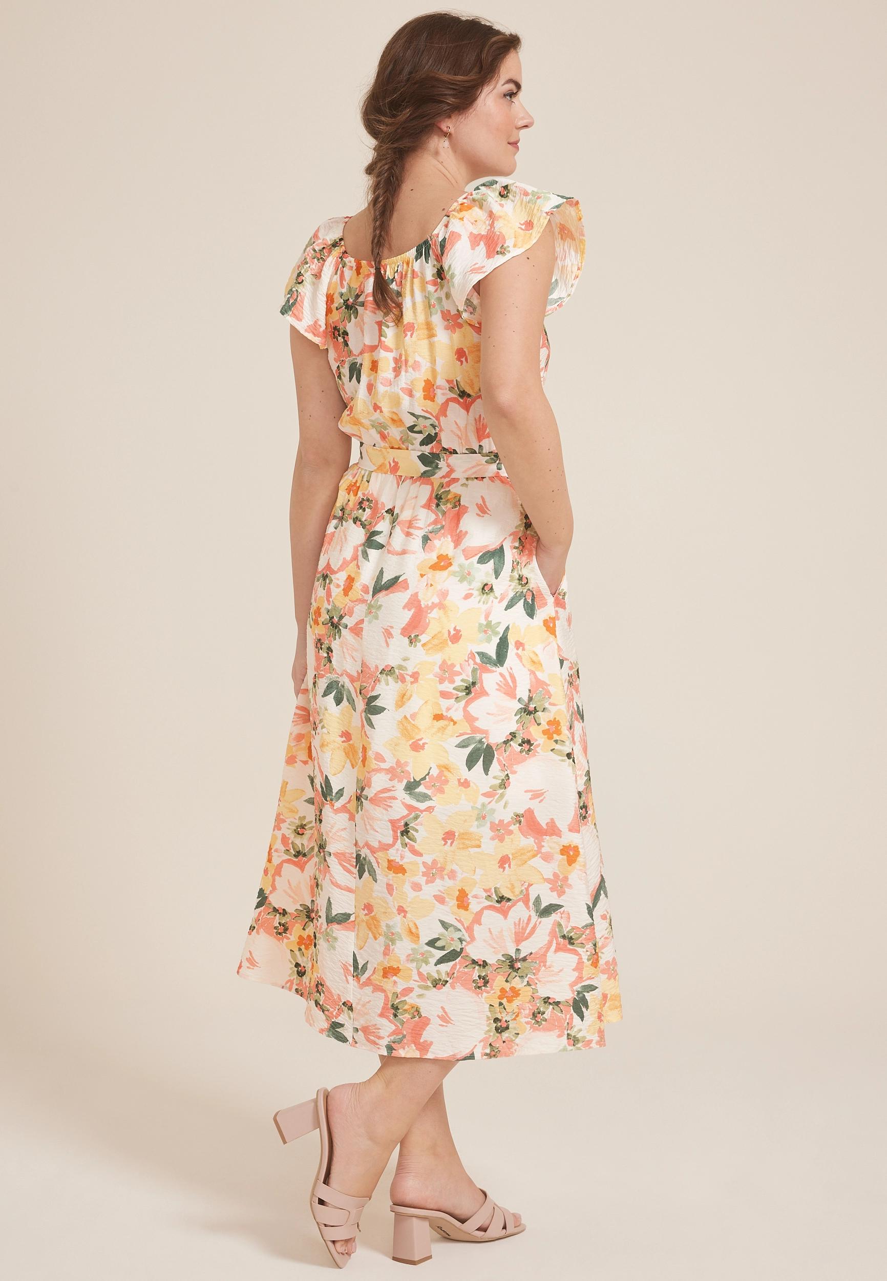 Maurices Womens Cool Crepe Floral Flutter Sleeve Wrap Midi Dress Product Image