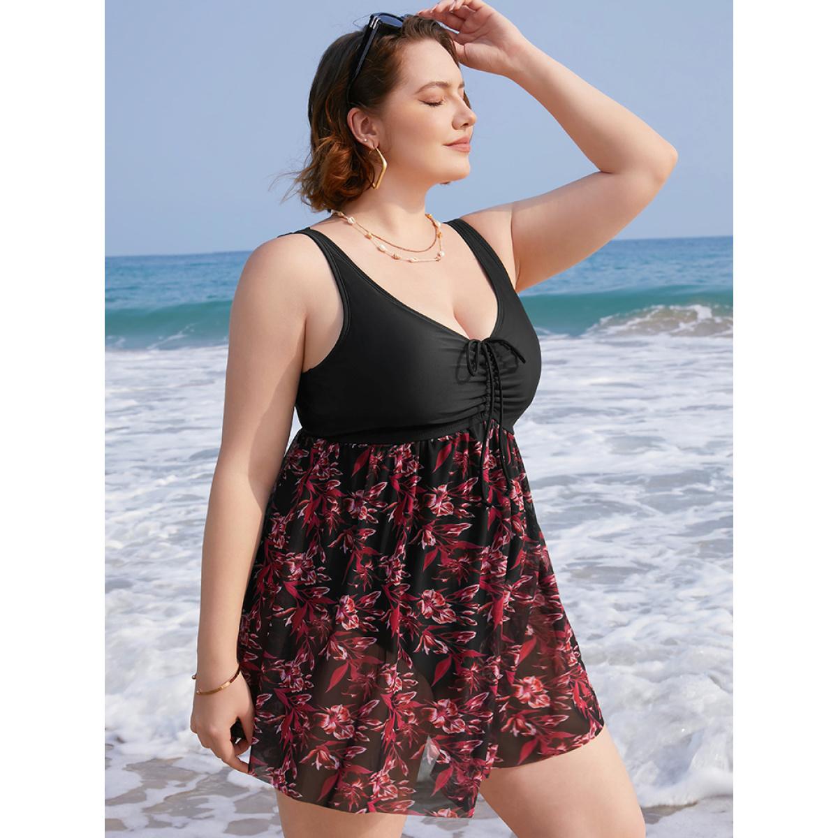 Plus Size Plant Print Drawstring Ruffles Ruched A Line Swim Dress Women's Swimwear Black Vacation Bodycon V-neck High stretch Curve Swim Dresses BloomChic 12/L Product Image