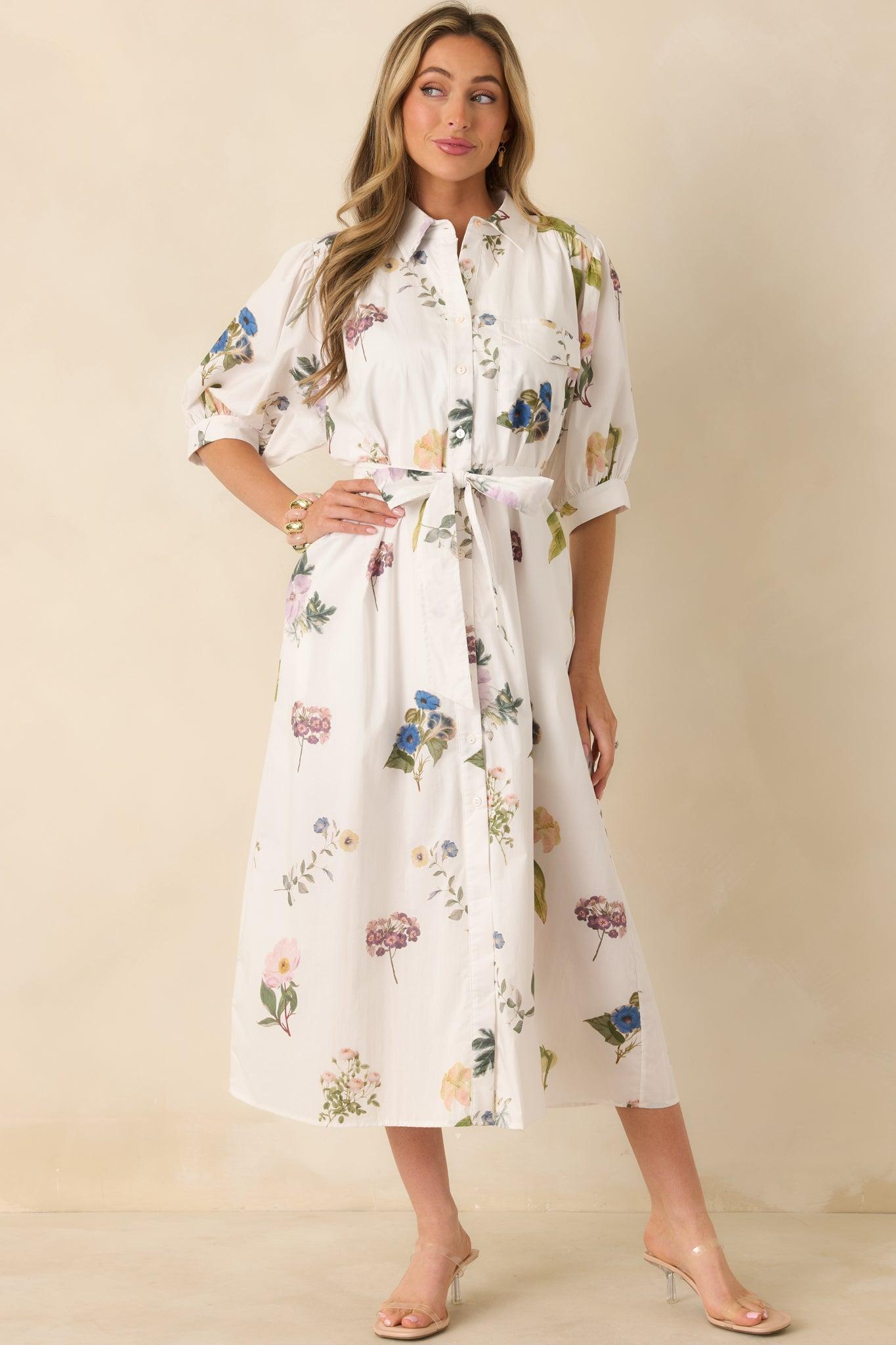 Garden Afternoon Ivory Multi Cotton Floral Print Button Front Belt Tie Midi Dress Product Image