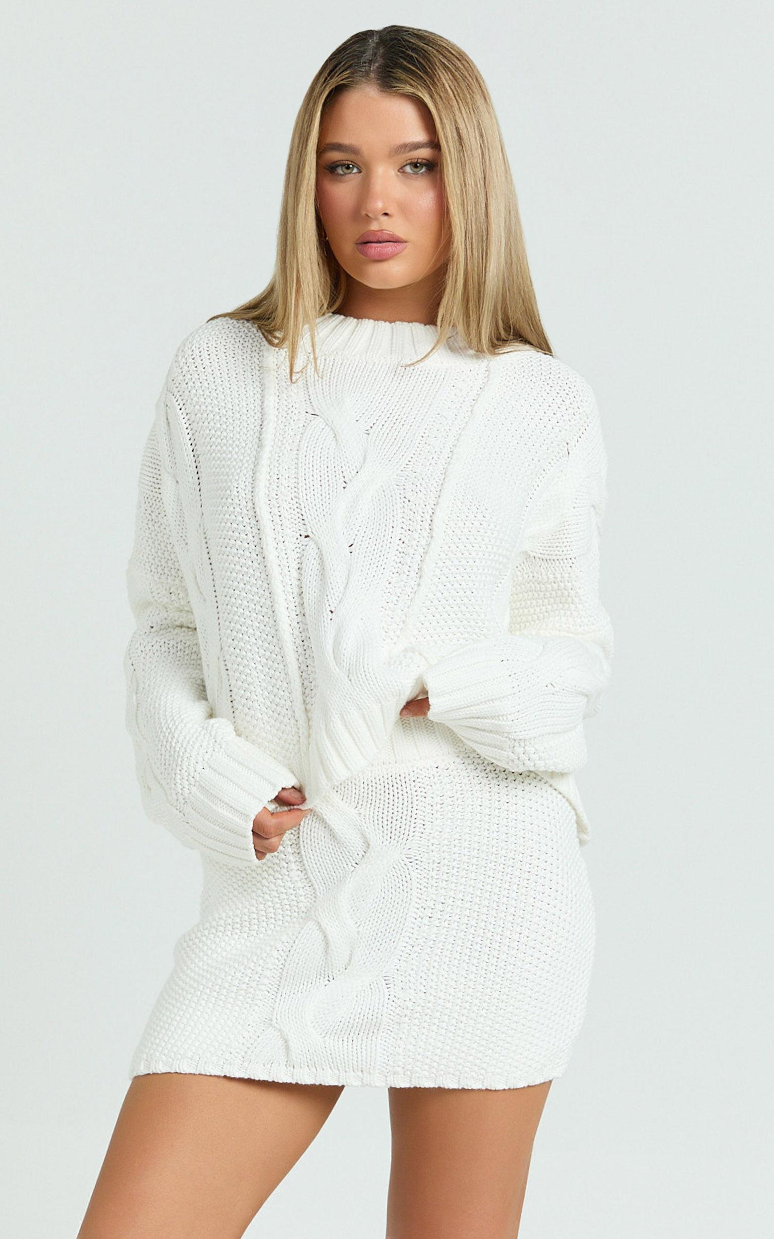 Marge Jumper- Oversized Cable Knit Crew Neck Jumper in White Product Image