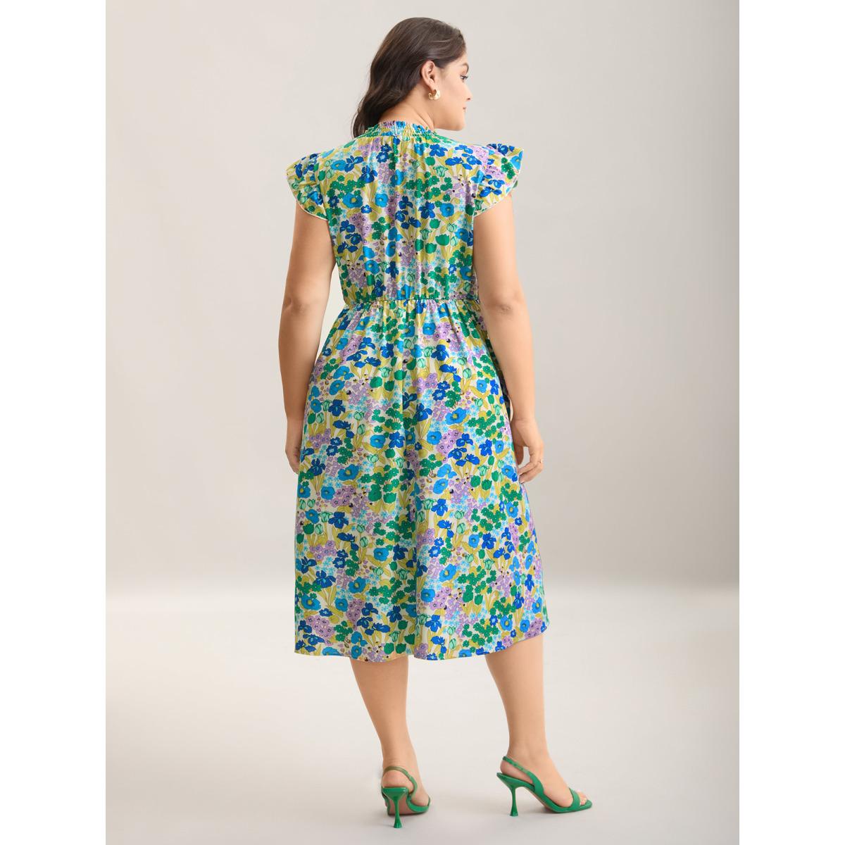 Plus Size Floral Print Shirred Pockets Midi Dress Cerulean Women Romantic Frill Trim Mock Neck Cap Sleeve Curvy BloomChic 28/5X Product Image