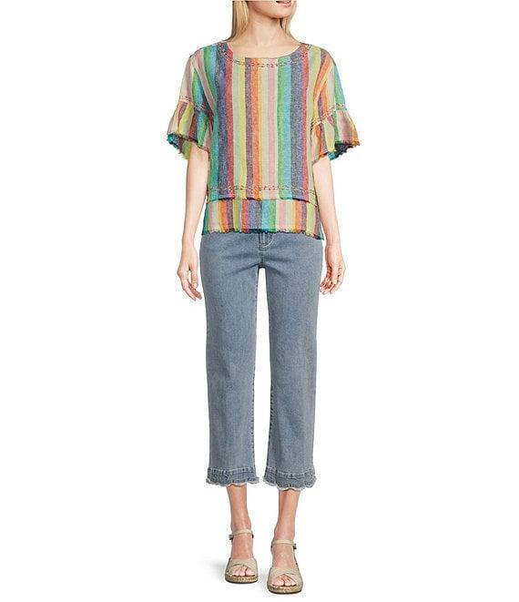 John Mark Petite Size Embroidered Yarn-Dye Stripe Crew Neck Short Ruffle Hi-Low Hem Top Product Image