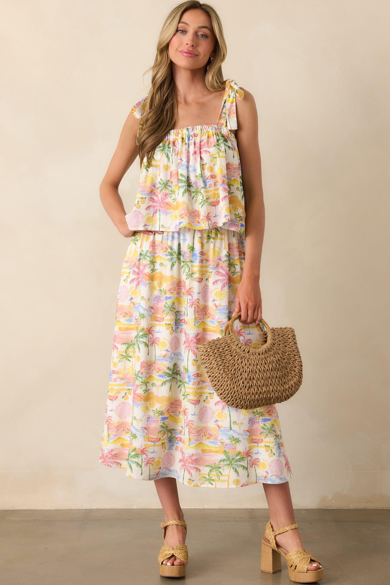 Gone To The Coast Ivory Multi Tropical Print Linen Crop Top Product Image