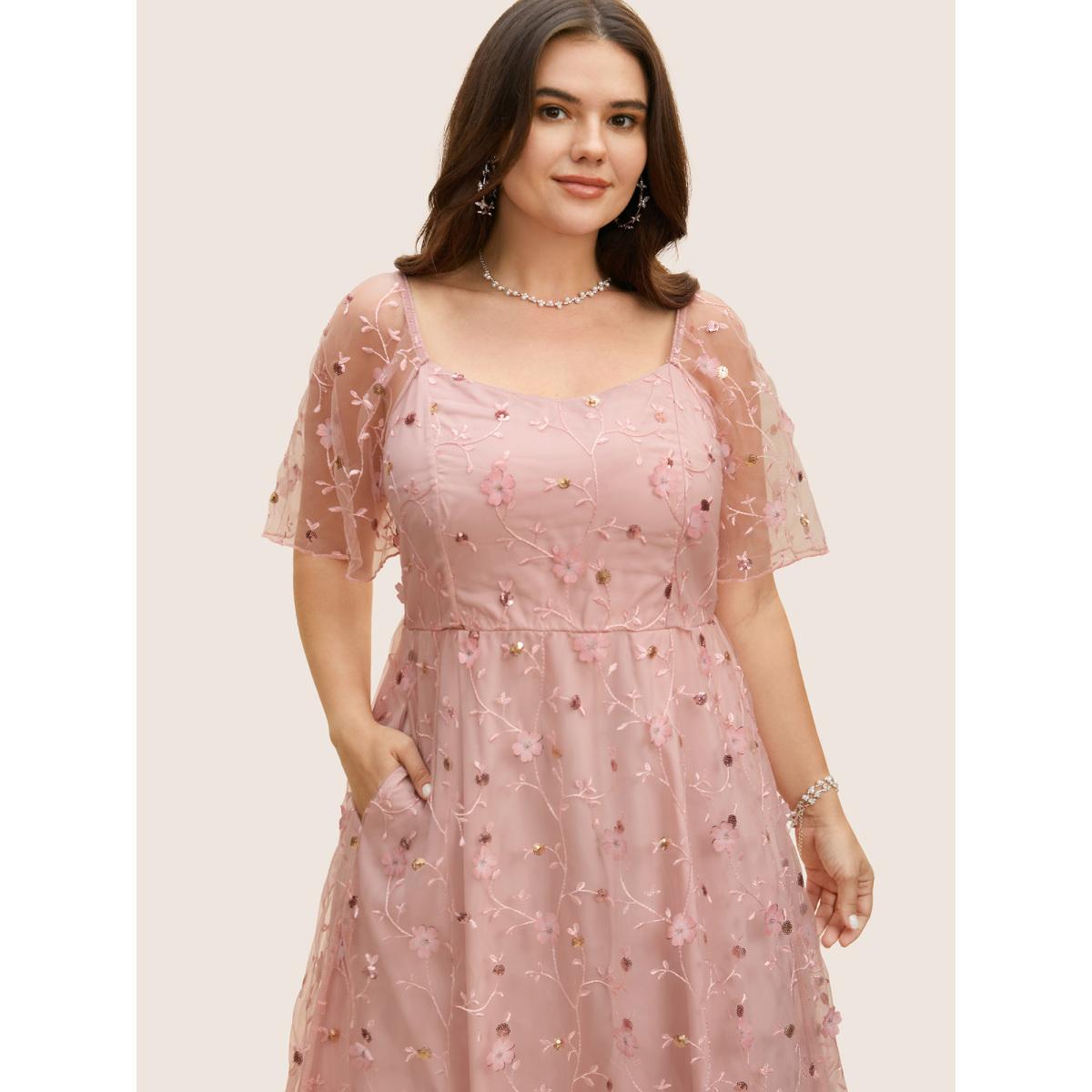 Plus Size Heart Neckline Floral Embroidered Sequin Mesh Dress Watermelon Women Formal Texture Heart neckline Half Sleeve Curvy BloomChic 10/M Product Image