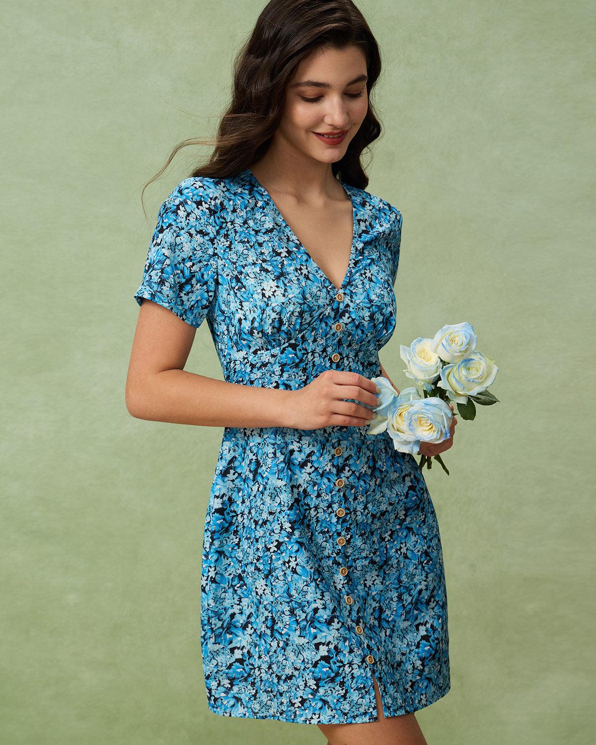 Blue Floral V-Neck Button Mini Dress Product Image