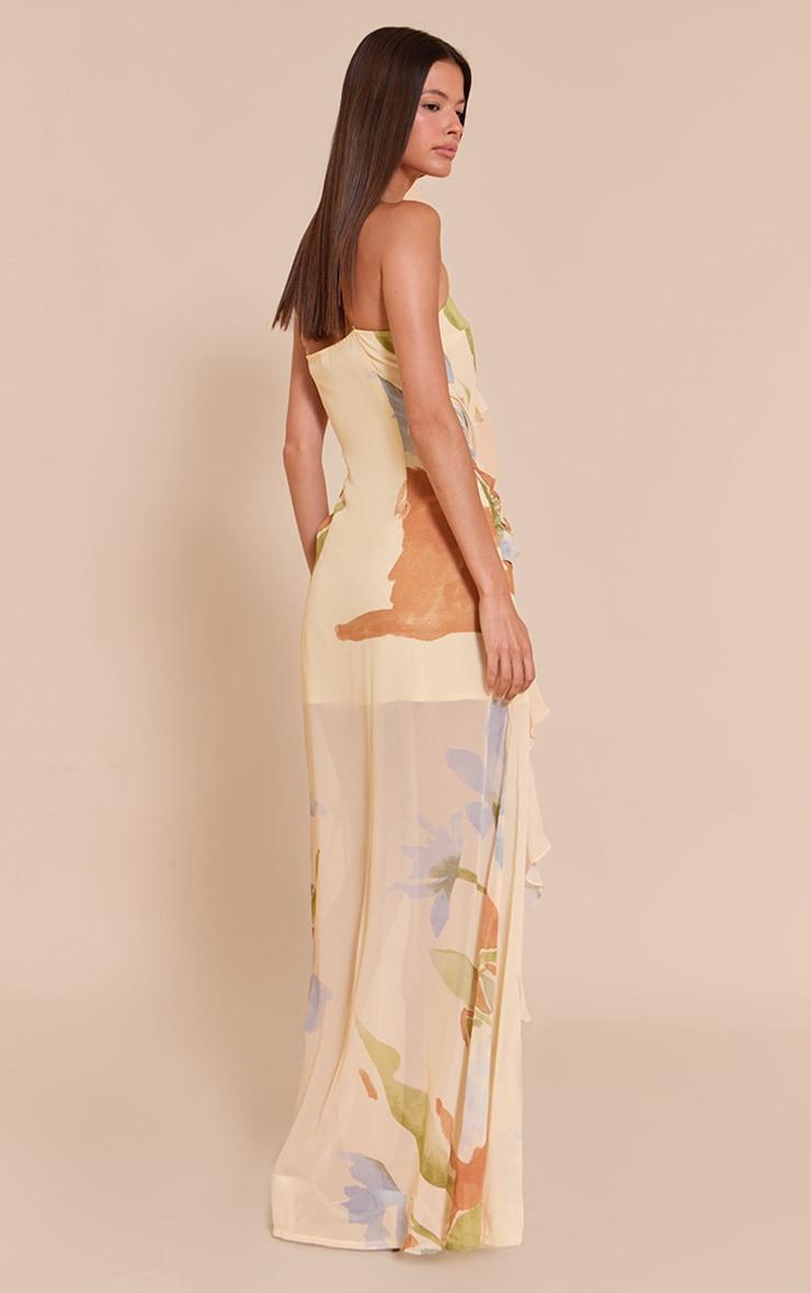 Cream Floral Chiffon Frill Plunge Strappy Maxi Dress Product Image