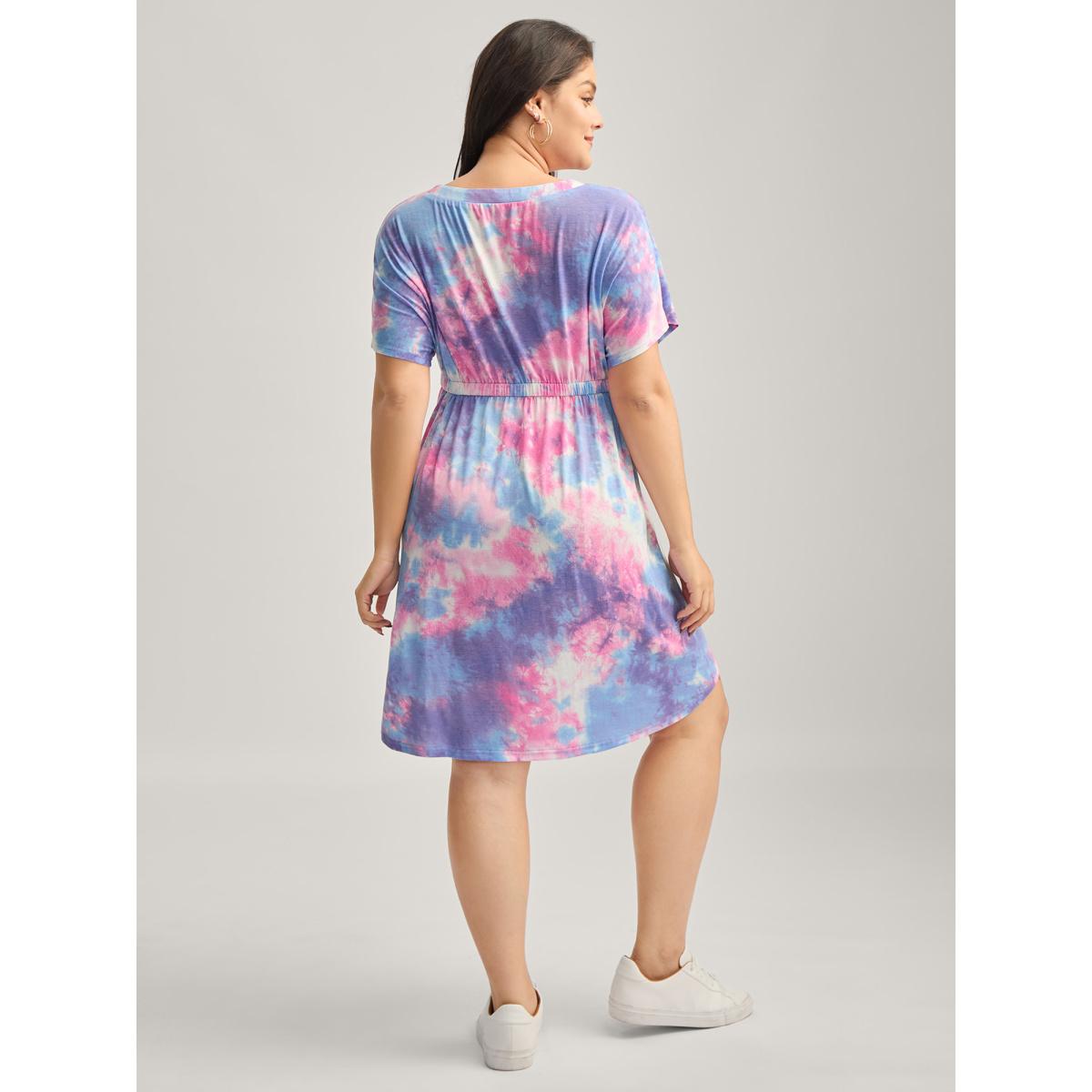 Plus Size Tie-Dye Curvy Hem V-Neck Midi Dress Multicolor Women Playful V-neck Short sleeve Curvy BloomChic 22-24/3X Product Image