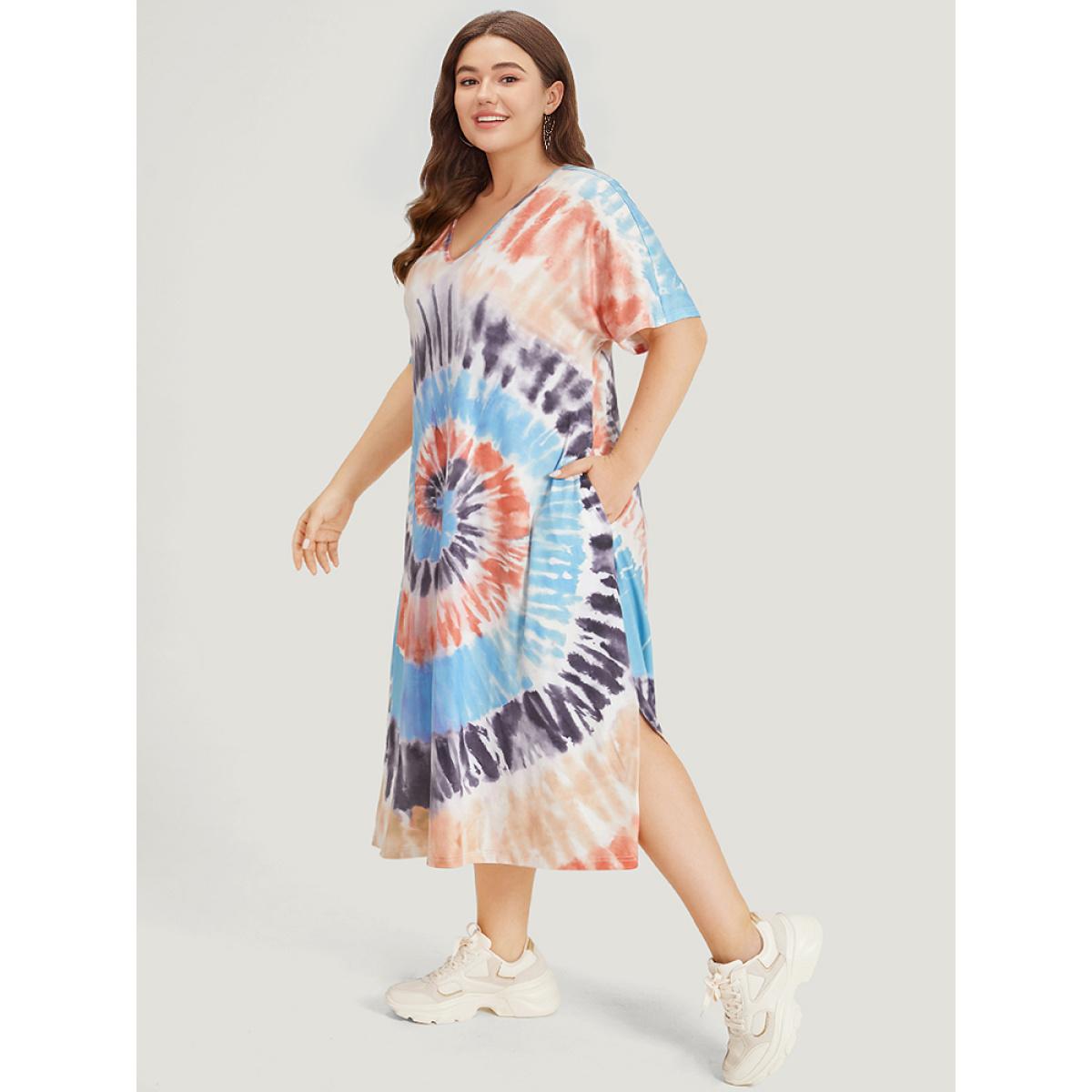 Plus Size Tie Dye Pocket Split Side Dolman Sleeve Dress Multicolor Women Casual Tie Dye V-neck Short sleeve Curvy Midi Dress BloomChic 28/5X Product Image