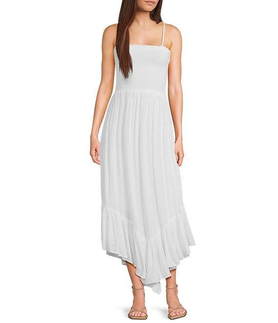 Angie Smocked Bodice Spaghetti Strap High-Low Maxi Dress Product Image