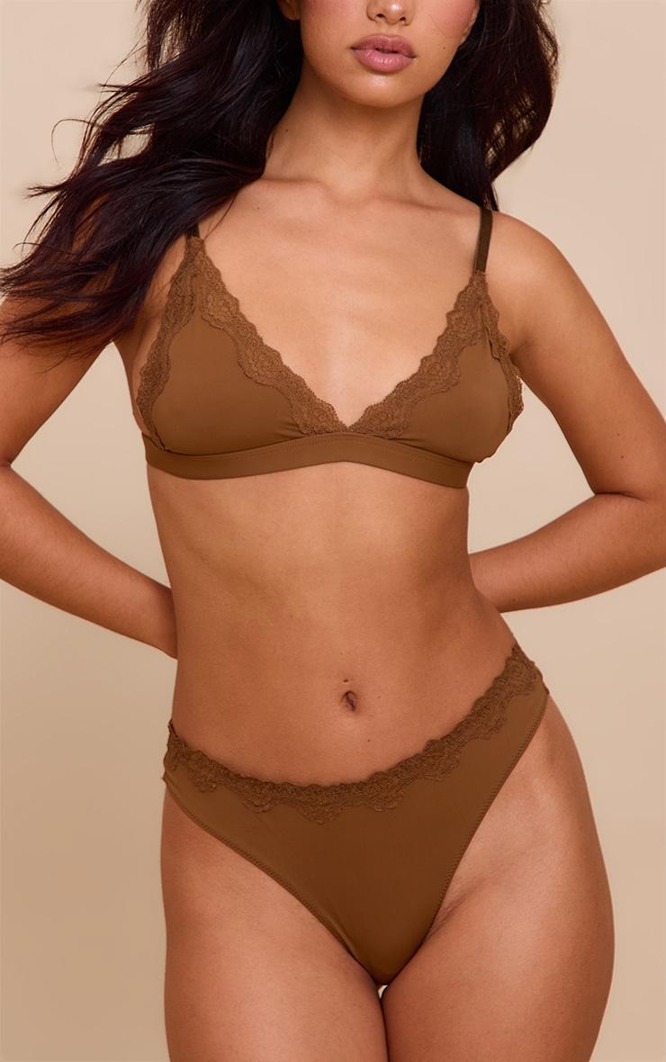 Taupe Jersey Lace Trim Triangle Lingerie Set Product Image
