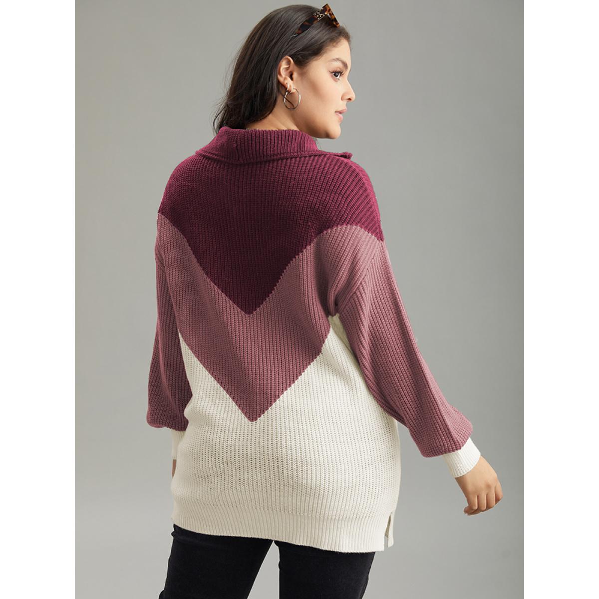 Plus Size Colorblock Patchwork Zipper Lapel Collar Pullover Burgundy Women Casual Long Sleeve Lapel Collar Everyday Pullovers BloomChic 14-16/1X Product Image