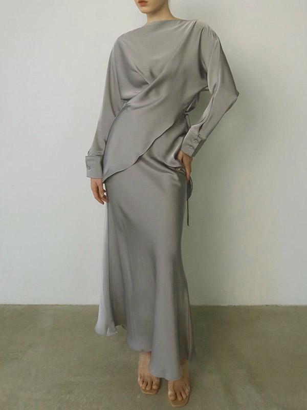 Loose Solid Color Split-Joint Boat Neck Long Sleeves Blouse & Shirt + Skirt Two Pieces Set Product Image