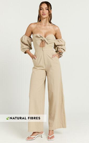 Maja Jumpsuit - Front Tie Off Shoulder Jumpsuit in Sand Product Image