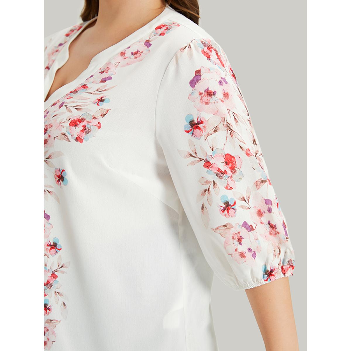 Plus Size White Floral Print Button Detail Notched Lantern Sleeve Blouse Women Elegant Half Sleeve Notched collar Dailywear Blouses BloomChic 22-24/3X Product Image