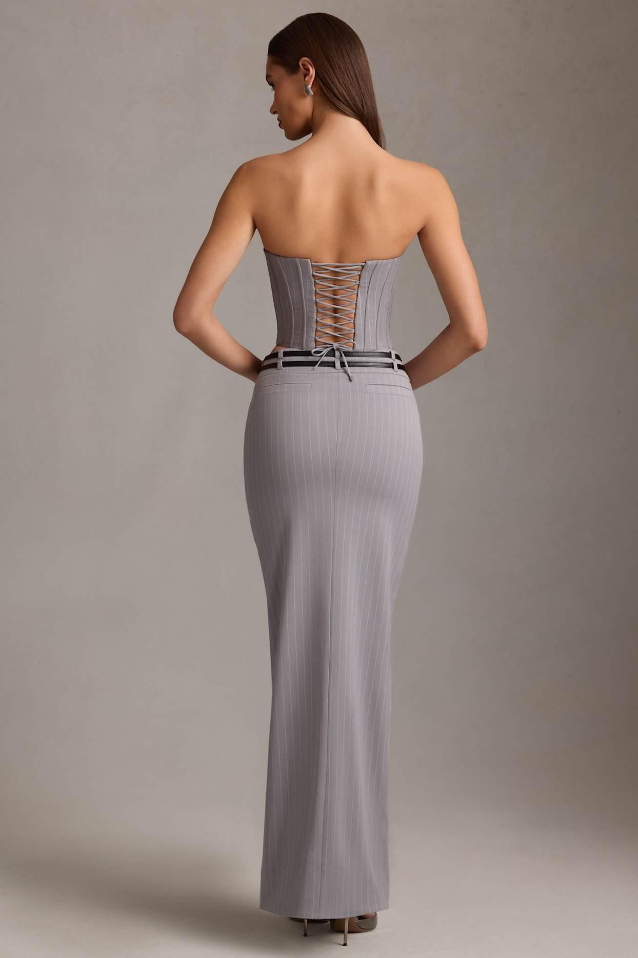 Pinstripe Low-Rise Maxi Skirt in Grey Product Image