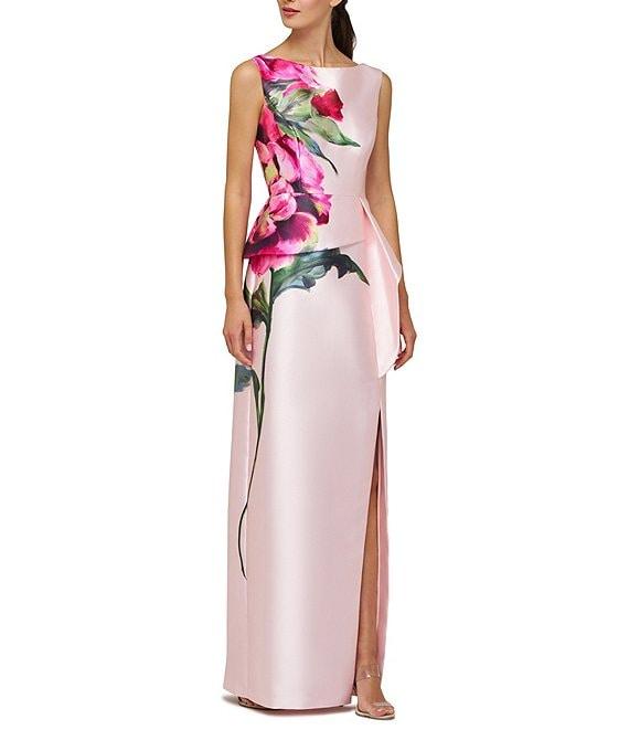 Kay Unger Eden Boat Neck Sleeveless Floral Placement Print Ruffle Peplum Mikado Column Gown Product Image