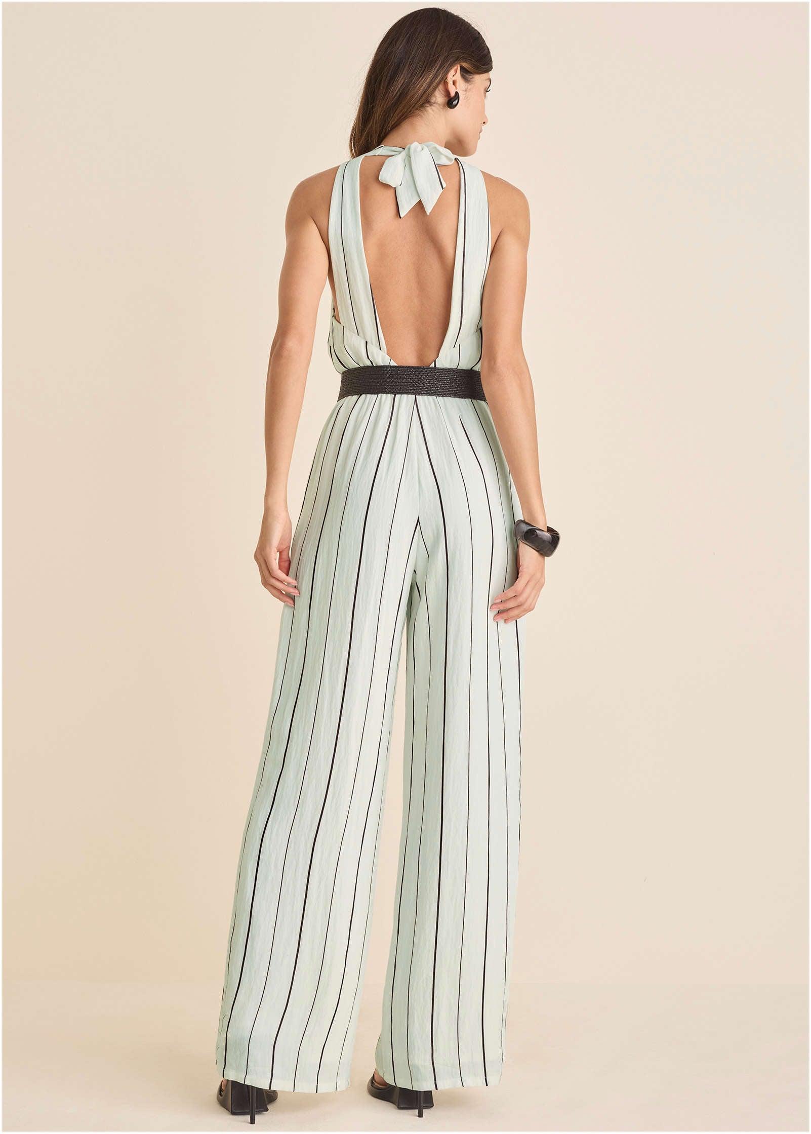Striped Belted Jumpsuit - Black & White Product Image