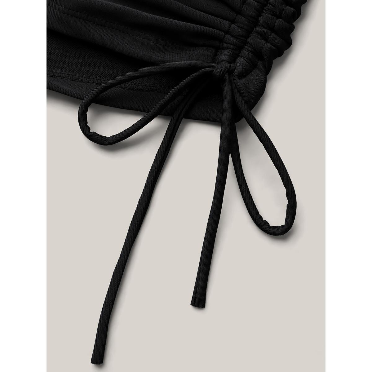 Plus Size Ruched Drawstring Pocket Slim Swim Bottom Women's Swimwear Black Resort Gathered High stretch Skinny High Rise Slanted pocket Curve Swim Bottoms BloomChic 12/L Product Image