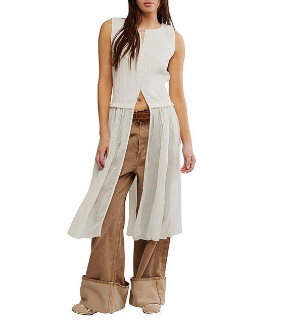 Free People Twice As Nice Ribbed Knit Crew Neck Sleeveless Button Front Vest Maxi Top Product Image