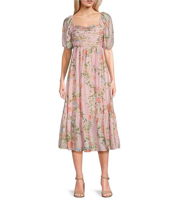 Blu Pepper Floral Print Square Neck Short Sleeve Midi Dress Product Image