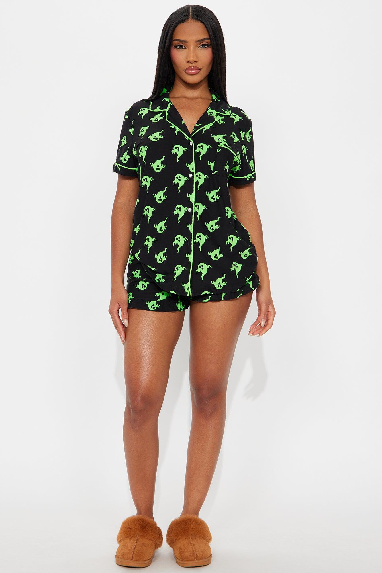 Ghosting You Short Sleeve Halloween PJ Short Set - Black/Green Female Product Image