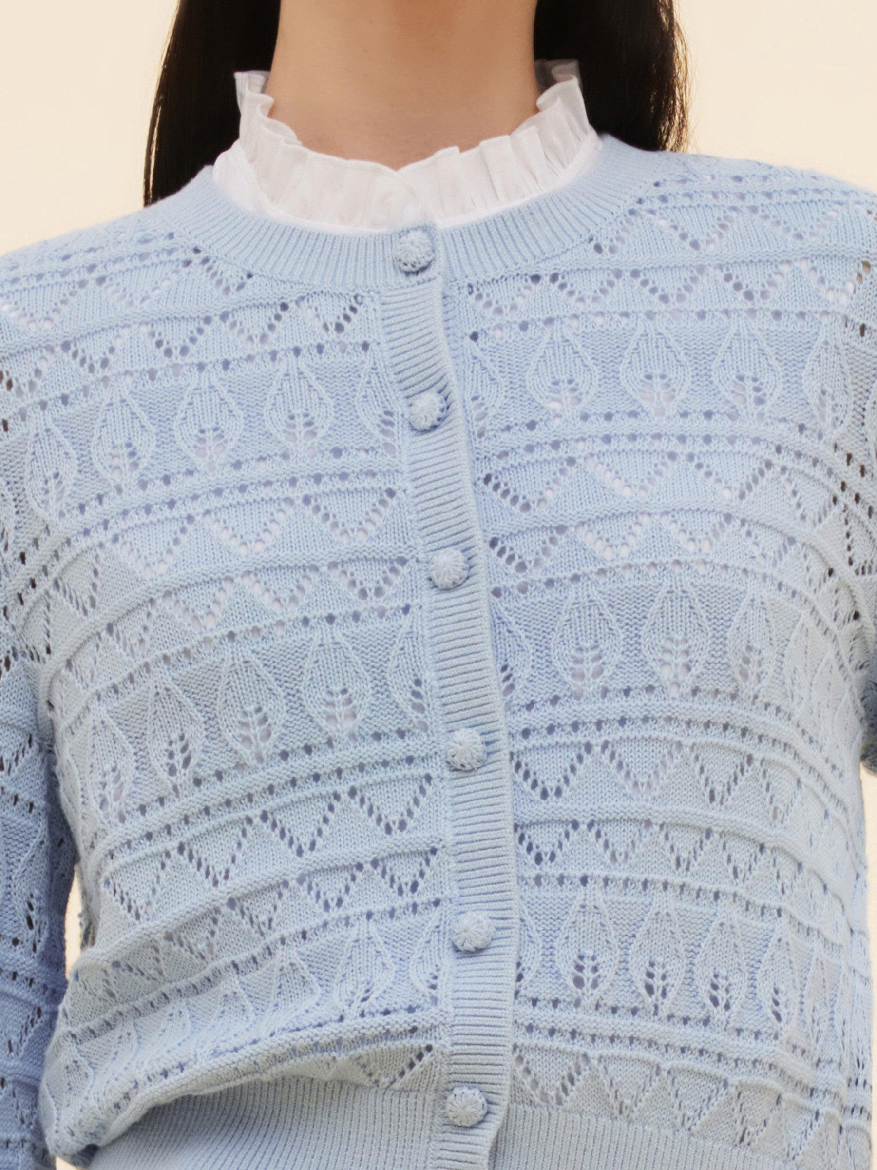 Cotton Openwork Women Round Neck Cardigan Product Image