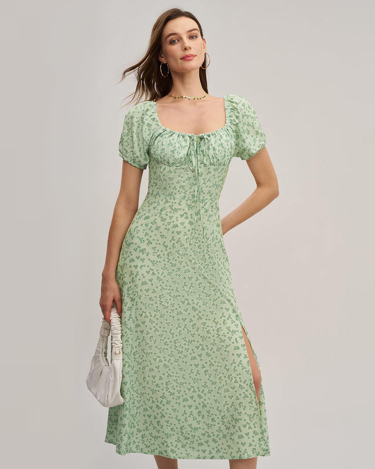 Green Floral Square Neck Puffed Sleeve Midi Dress Product Image