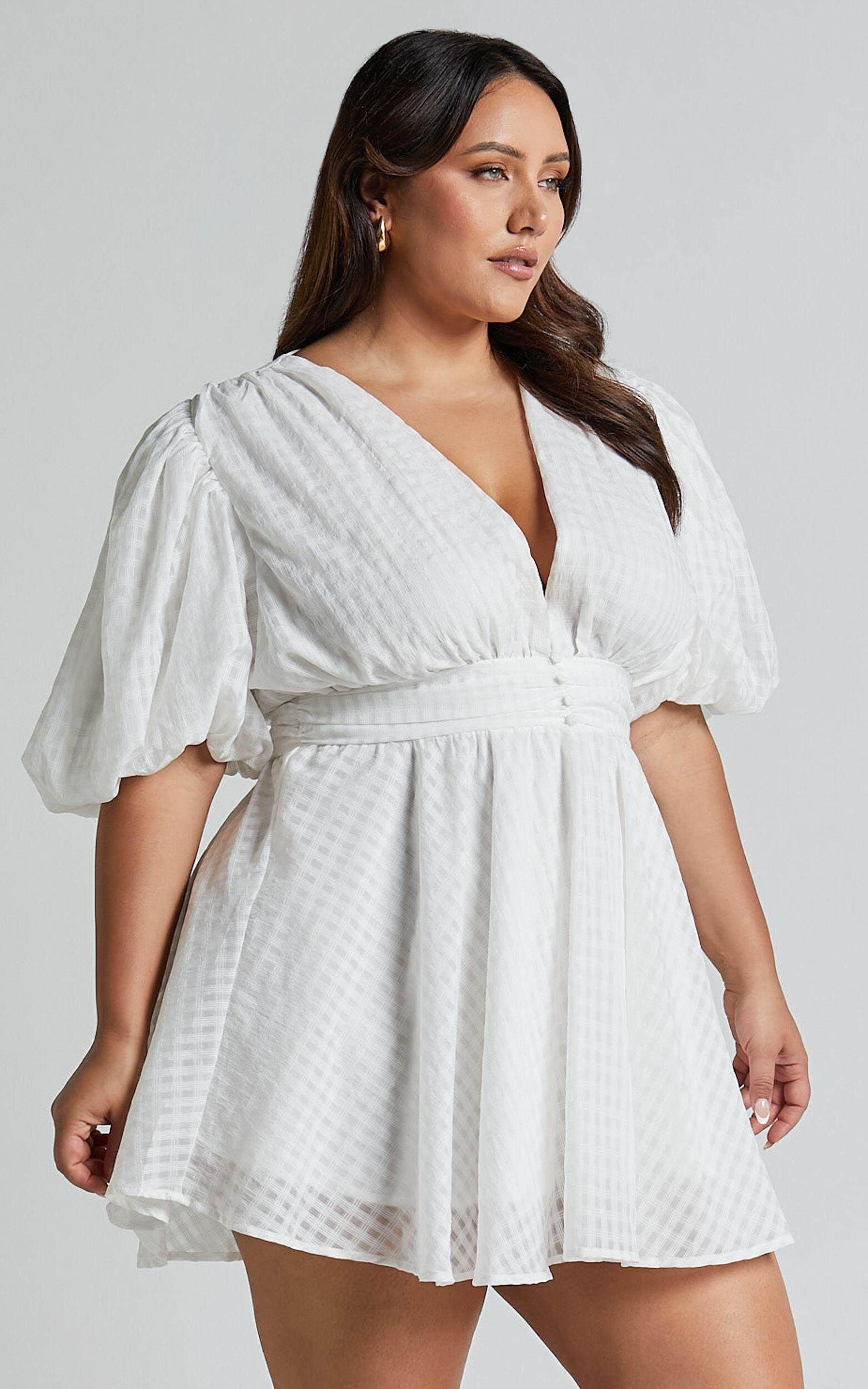 Xandy Mini Dress - Textured Puff Sleeve Plunge Dress in White Product Image
